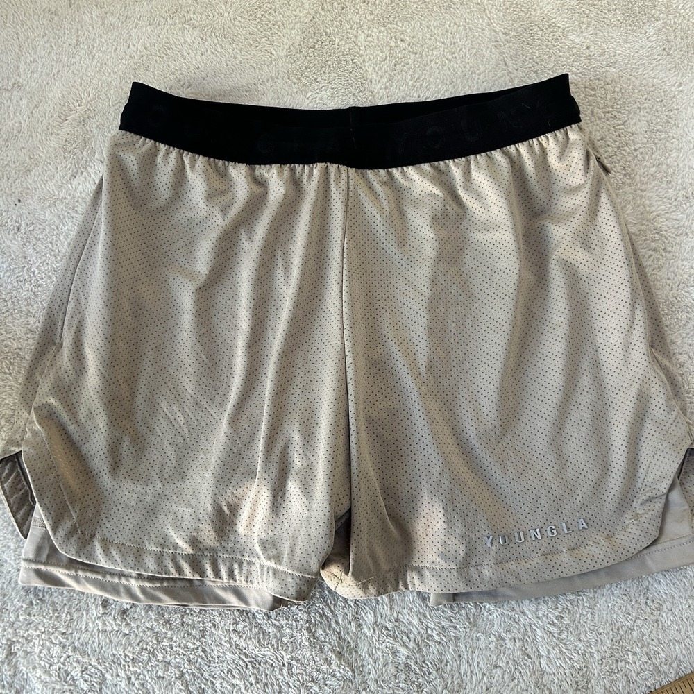 YoungLA 129 Trilogy Shorts Men's Large Tan Lined Athletic Stretch Performance